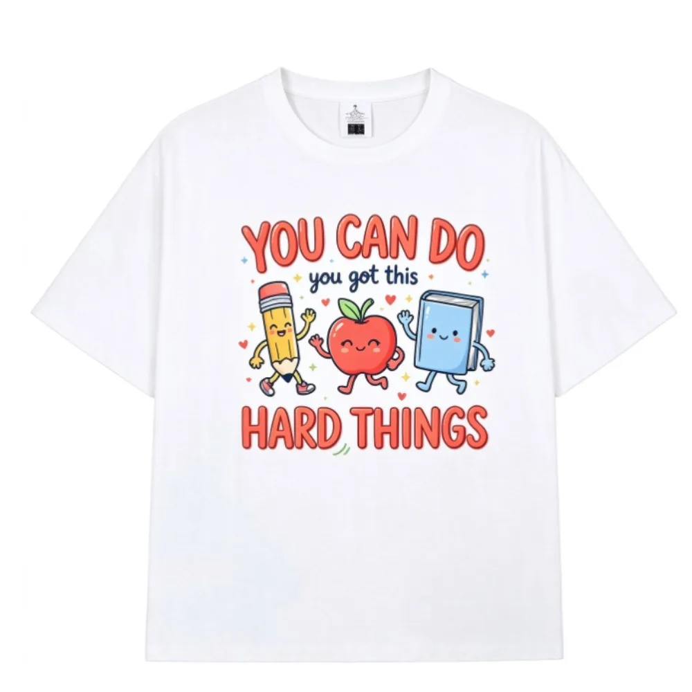 You Can Do Hard Things Graphic T Shirt For Women, Cute Pencil Apple Book Cartoon Print Inspirational Teacher Student Casual