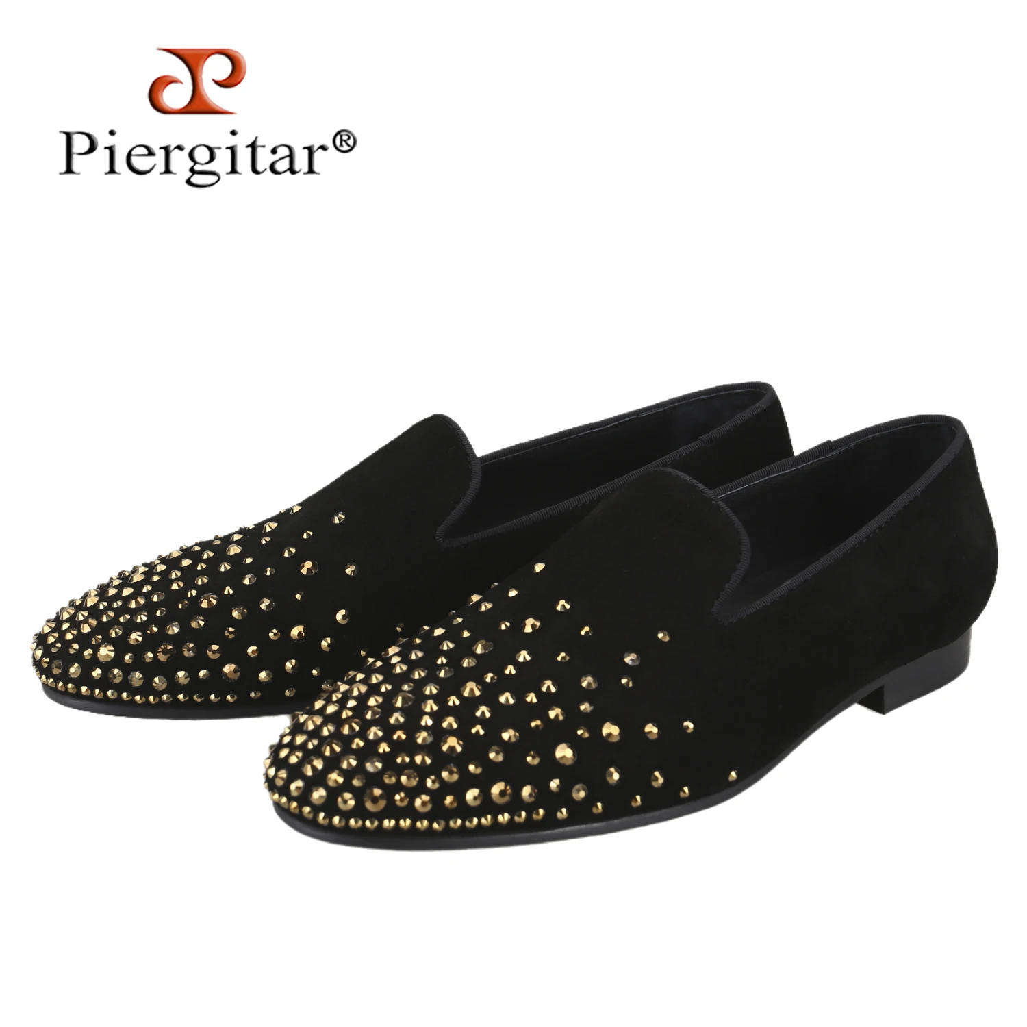 Piergitar 2026 Handmade Gold Diamonds Crystals Of Black Suede Slip-On Shoes For Party Wear Classic Model Men's Loafers Plus Size