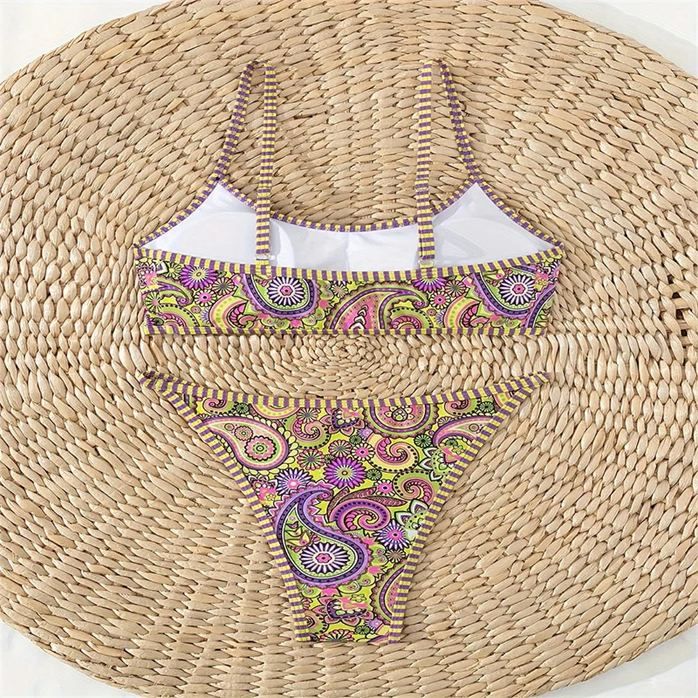 Vintage Print Bikinis Sets Striped Border Y2K Bikini Swimsuit Push Up Vacation Swimwears Women Beach Outfit Bathing Suit Biquini