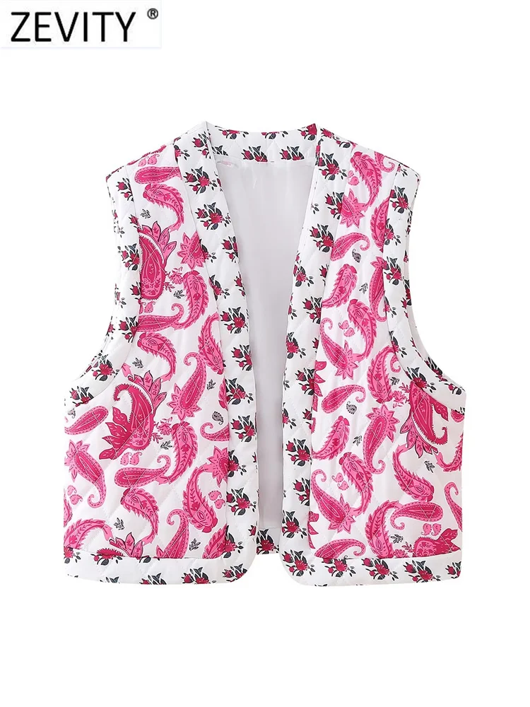 Zevity Women Vintage Cashew Nuts Floral Print Open Stitching Vest Jacket Ladies Sleeveless Casual Cardigan WaistCoat Tops CT5550