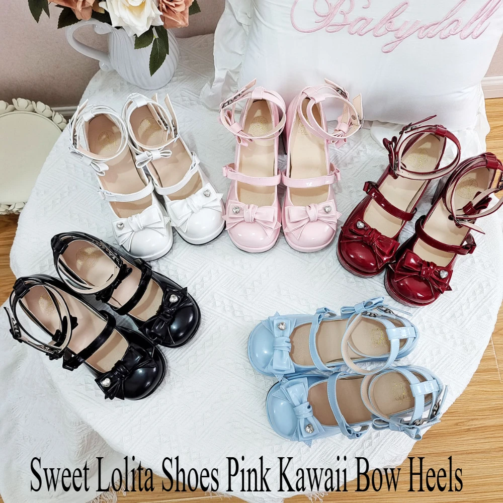 أحذية لوليتا الحلوة الوردي Kawaii القوس الكعوب الفتيات منصة الفتيات أحذية واحدة الصيف كعب عالي مكتنز مضخات الأصلي #2