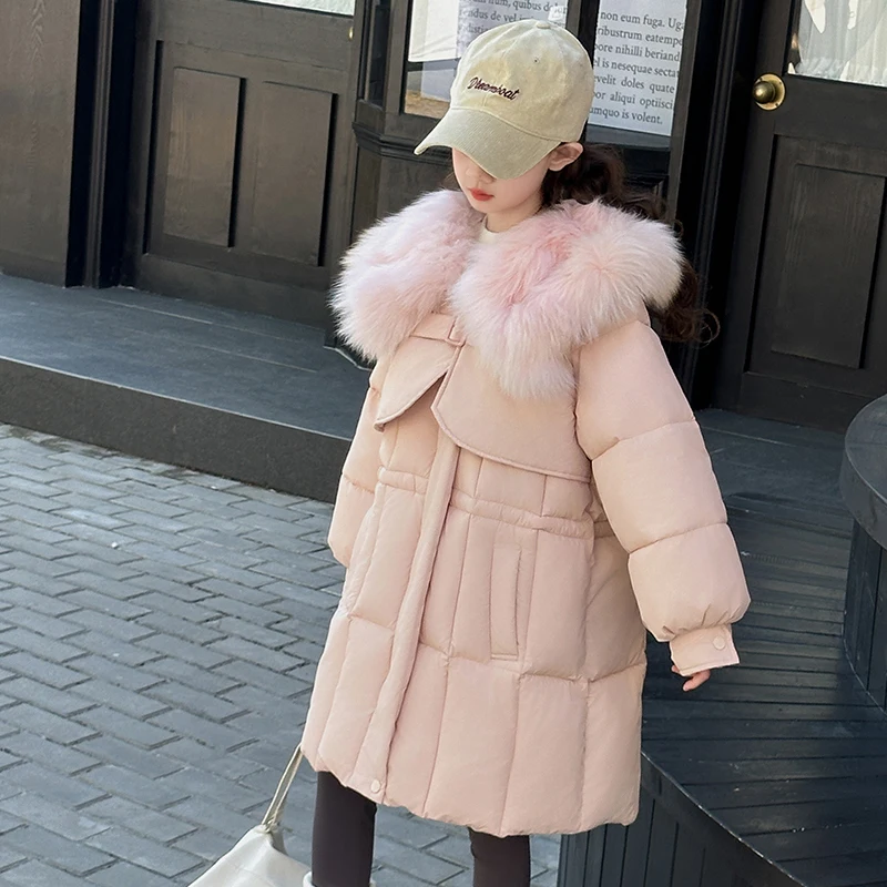 

2025 New Brand Children's Big Hair Collar Cold proof Clothing Long Sleeve Girls' Warm Coat Winter Hooded Bread Cotton Coat
