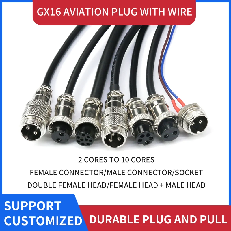 GX16 aviation plug 2/3/4/5/6/7/8/9/10 pin connector with cable length ranging from 15 cm to 3 meters. Cables can be customized.