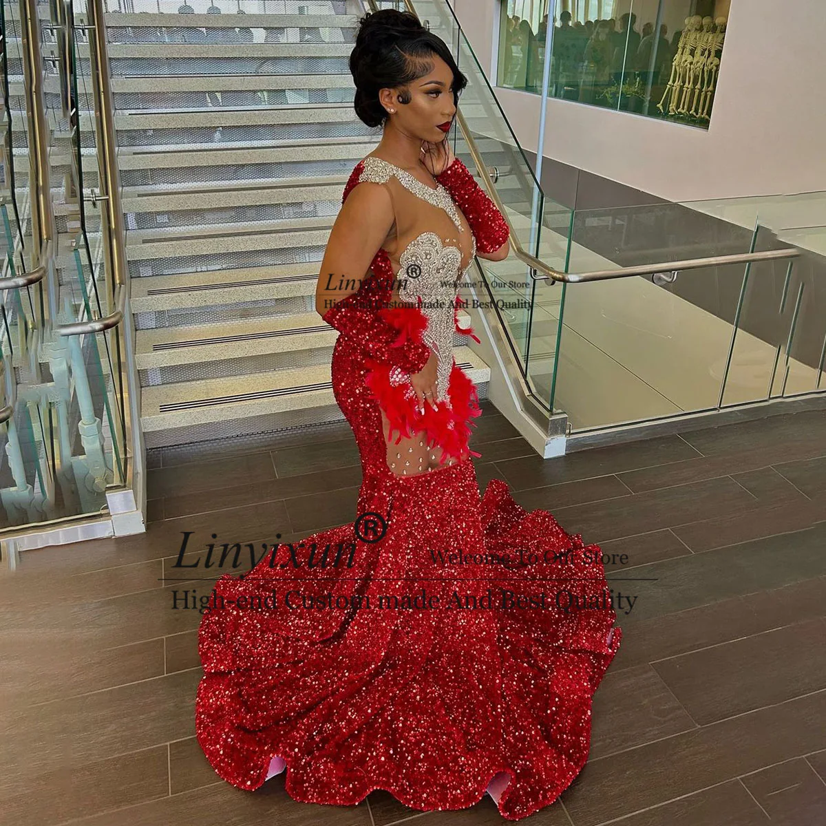 Glitter Crystal Red Long Mermaid Prom Dress For Black Girls Sparkly Rhinestones Evening Dress Formal OPen Back Party Gowns