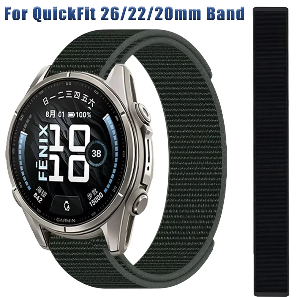 26mm 22mm 20mm Hook Loop Nylon Strap for Fenix 9/9 Pro/8/7 51mm 47mm 43mm Soft Breathable Wristband for Garmin Tactix 8 51/47mm