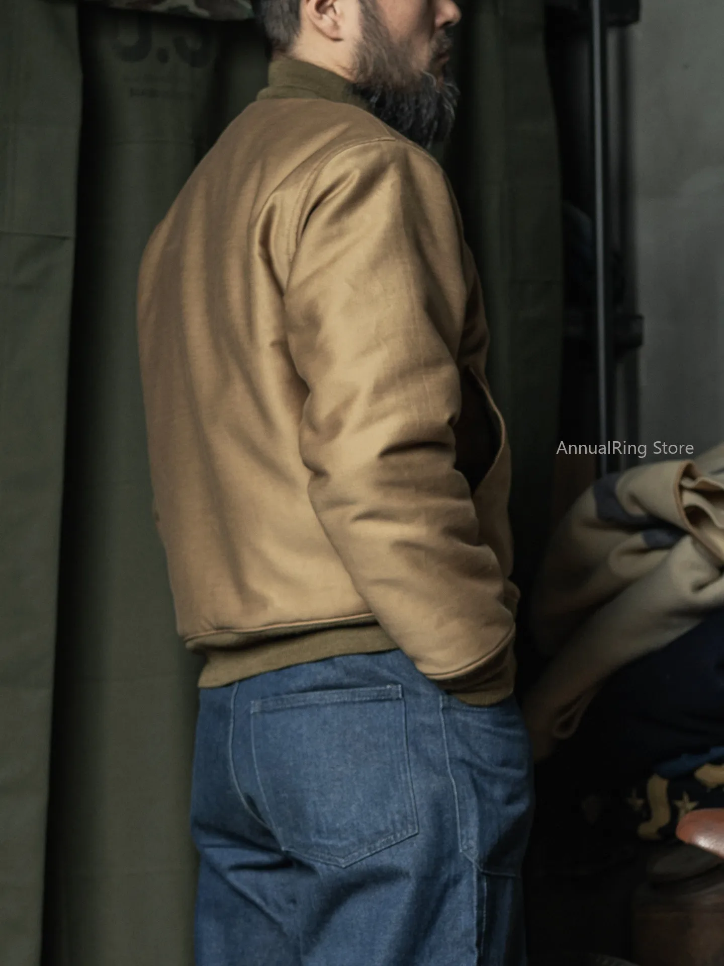 Rugged Bronson NAF-1168 Aviator Ground Crew Jacket in Khaki USN Alpaca Wool Lined Deck Zip Jacket N-1