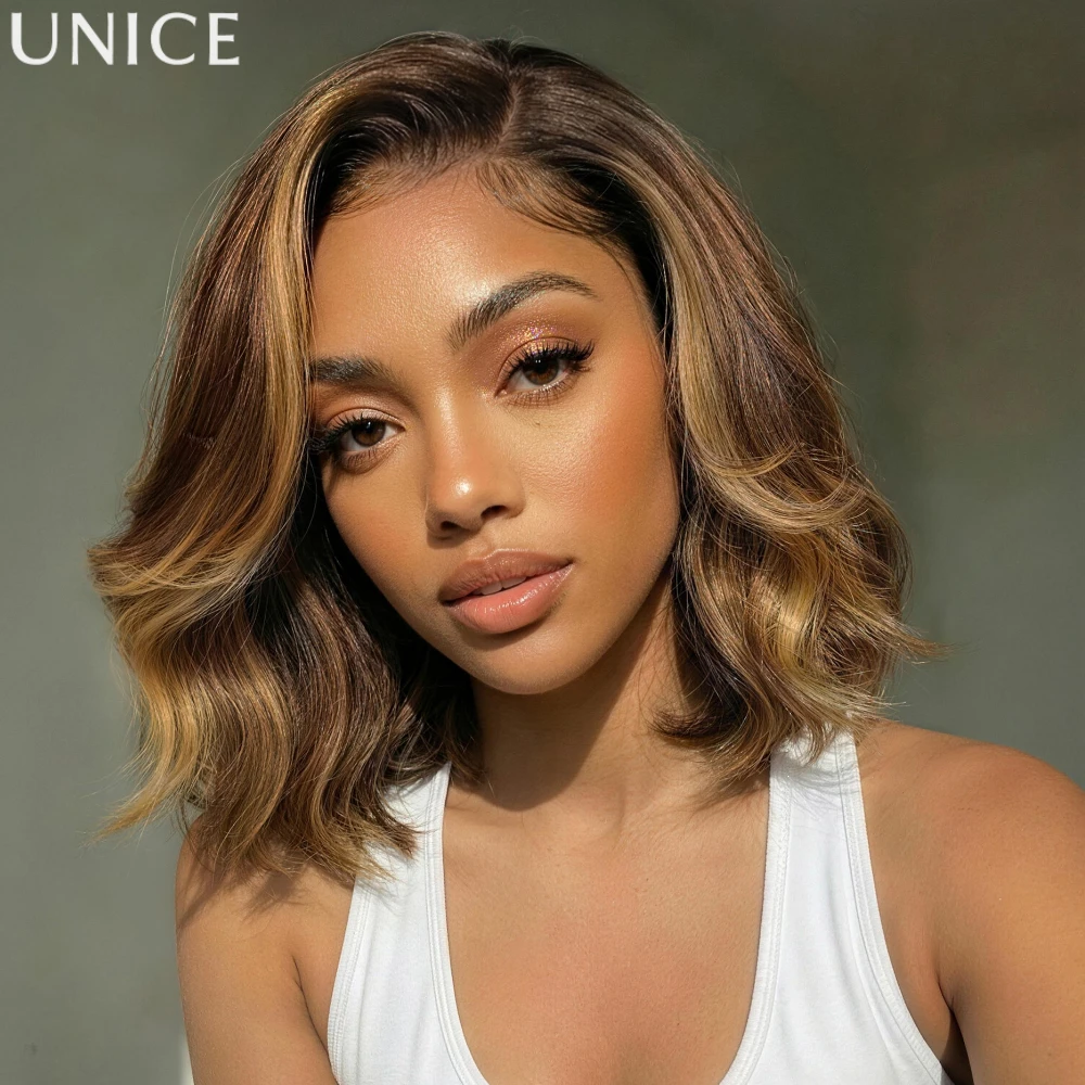 

UNice No-Slip Cap 13x4 Lace Frontal Wavy Bob Wig With Layers Chocolate Brown with Golden Highlights Human Hair Glueless Wigs