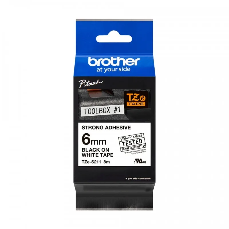 Brother TZeS211 Original Super adhesive laminated label tape-black text on white background-width 6mm x 8 meters T. tintasycartuchos.com