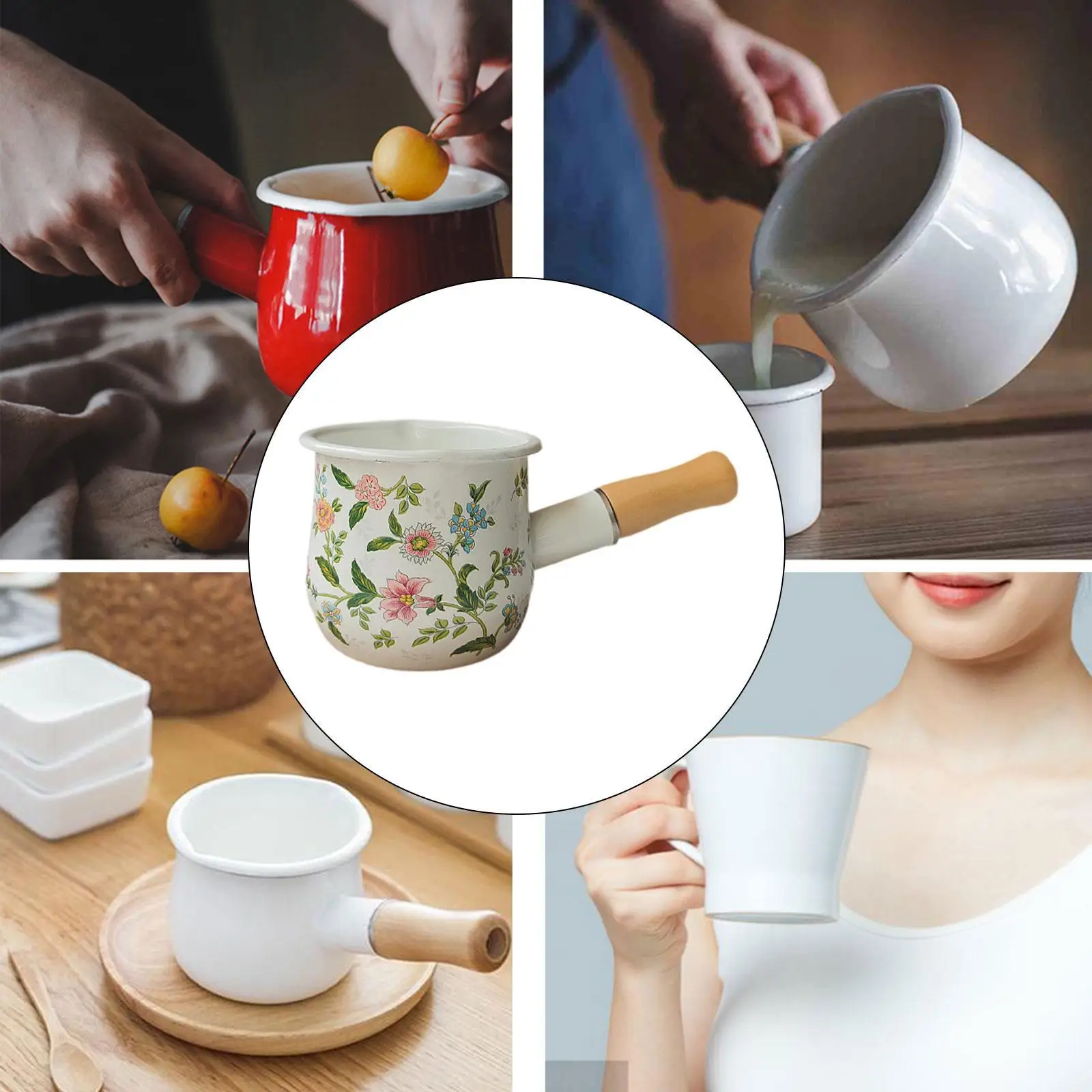 

Enamel Milk Pot Nonstick with Wooden Handle Cookware Heating Oil Pot Butter Melting Pot Home Induction Cooker Camping Restaurant