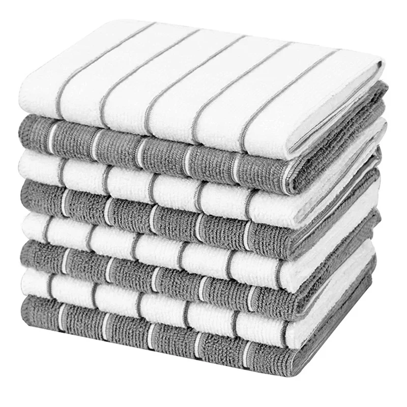 Microfiber Kitchen Towels - Super Absorbent, Soft Dish Towels, 8 Pack Stripe Designed Grey and White Colors