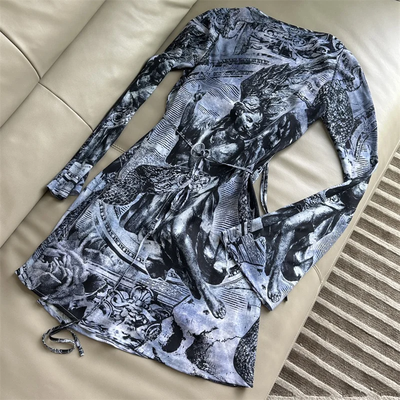 Women\'s dress New retro printed long sleeved mini dress for autumn 2024 Lace up slim fit Elastic Short dresses y2k midi dresses