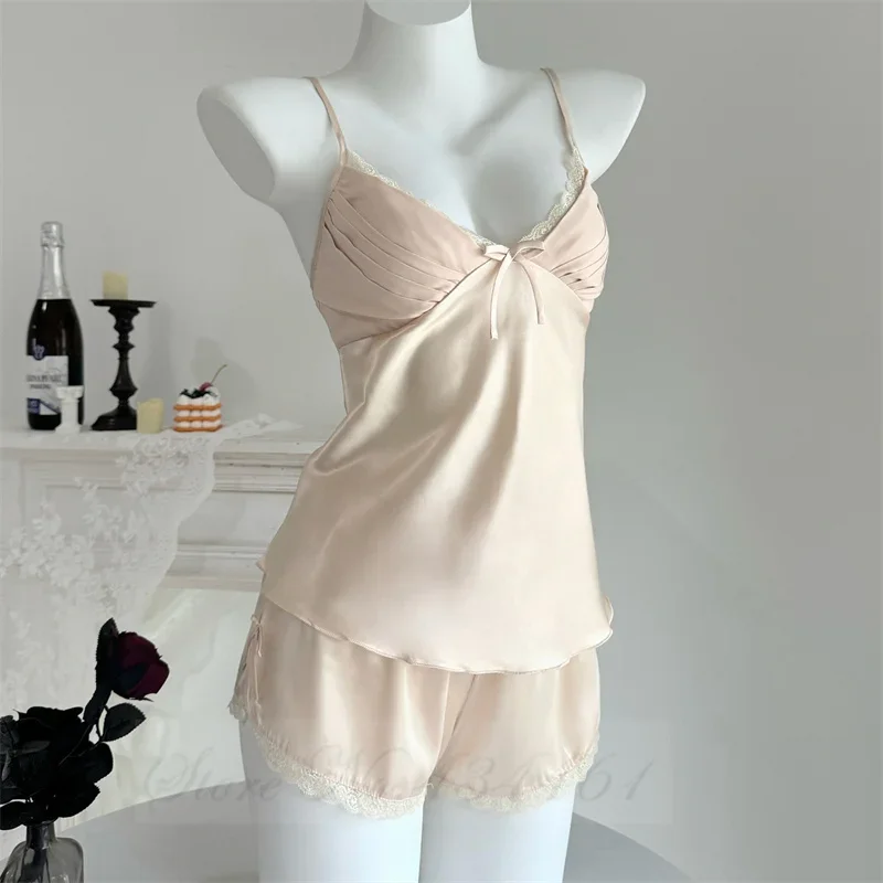 

Летний пижамный костюм из ледяного шелка на подтяжках, женские пижамы больших размеров, топ и шорты из двух предметов, одежда для сна, нижнее белье, сексуальная домашняя одежда