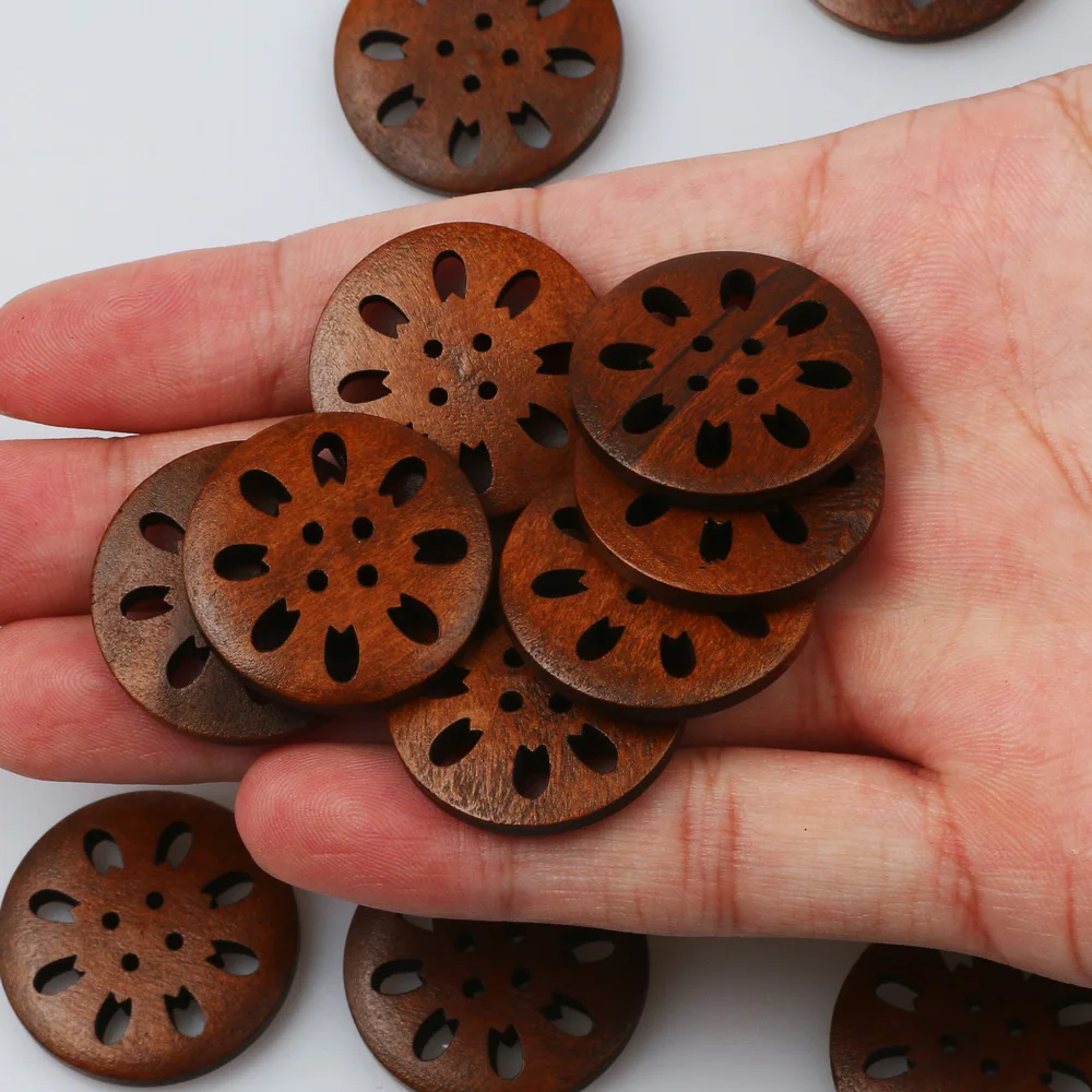 20pcs 25mm Brown Round Hollow Flower Natural Wooden Buttons For Clothing Decoration Craft Diy Cardigan Sewing Button Accessories