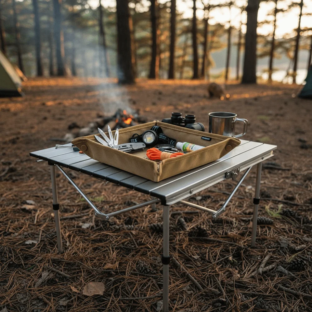 Compact Design Camping Organizer Tray Portable Folding Square Shape Camping Storage Tray Stacked Design Folding Storage Tray