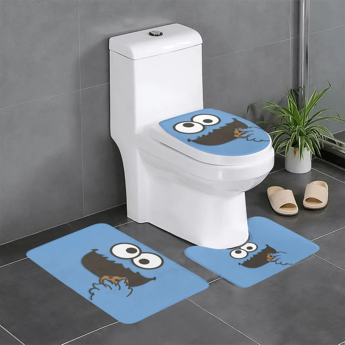 Custom Cartoon Tv Movie Sesame Street 3 Pieces Bathroom Rugs Funny Happy Cookie Monster Non-Slip Absorbent Toilet Bath Mat Set