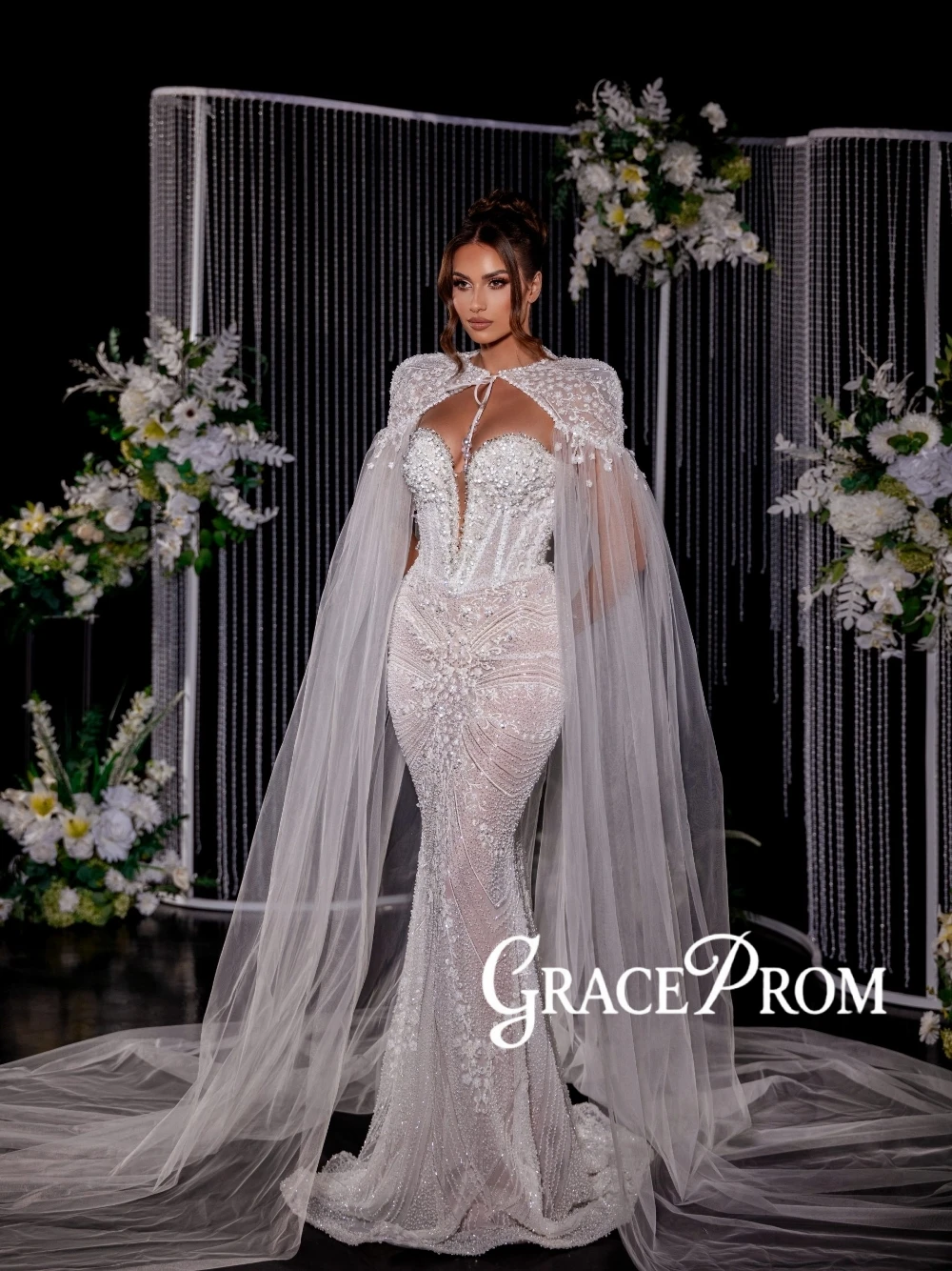 

Luxury Dazzling Deep V Neck Wedding Gown With Tulle Cape Elegant Rhinestone Bead Embellished Mermaid Bridal Gown Customized