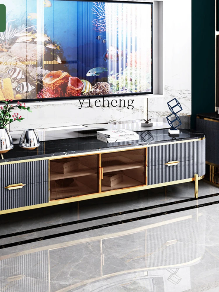 ZC TV Cabinet and Tea Table Combination Stainless Steel Marble Paint Film and Television Cabinet Living Room Floor Cabinet