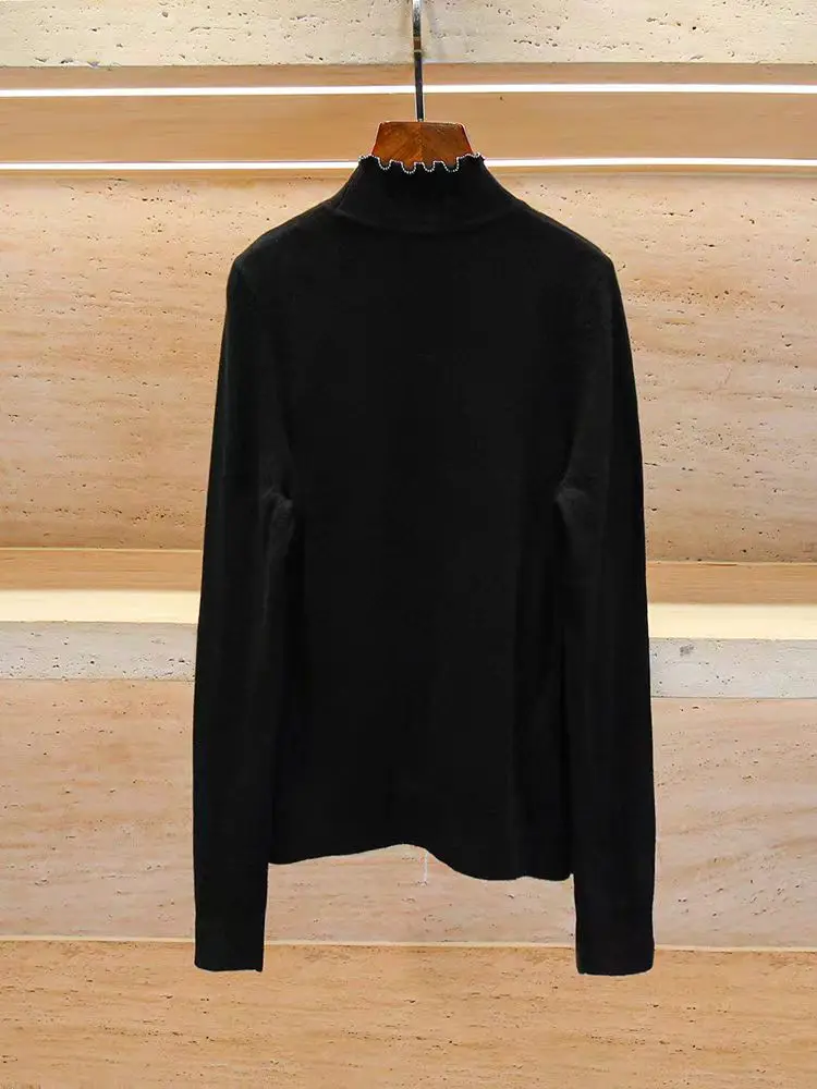 

Fashionable base knitted shirt with black fungus edge, half high collar for slimming effect, S Home 24 autumn/winter new style