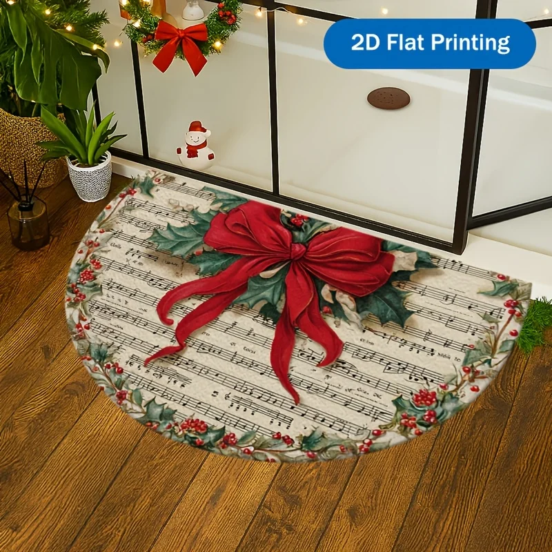 VIKAMA Half Round Xmas Doormat Musical Note Red Bow Holly Element Non Slip Rug For Porch Living Room Holiday Home Decor