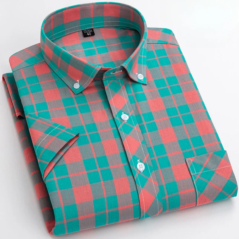 New in shirt plus size 8xl 100%cotton short sleeve shirts for men slim fit casual plain shirt thin plaid korean popular clothes