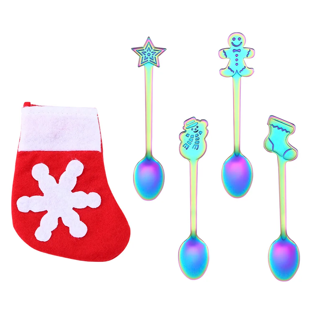 

5pcs Christmas Spoons Set Stainless Steel Anti Rust Portable Light Weight Cute Cartoon Coffee Tea Dessert Kitchen Bar