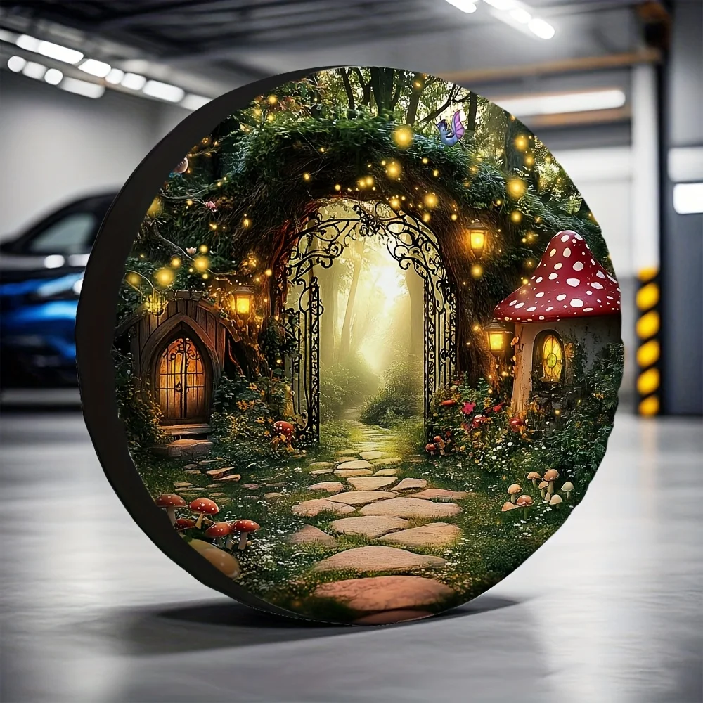 1pc Enchanted Forest Mushroom House Tire Cover - Easy Install, Machine Washable Polyester Fabric, Fit For Mountain & Travel Use,