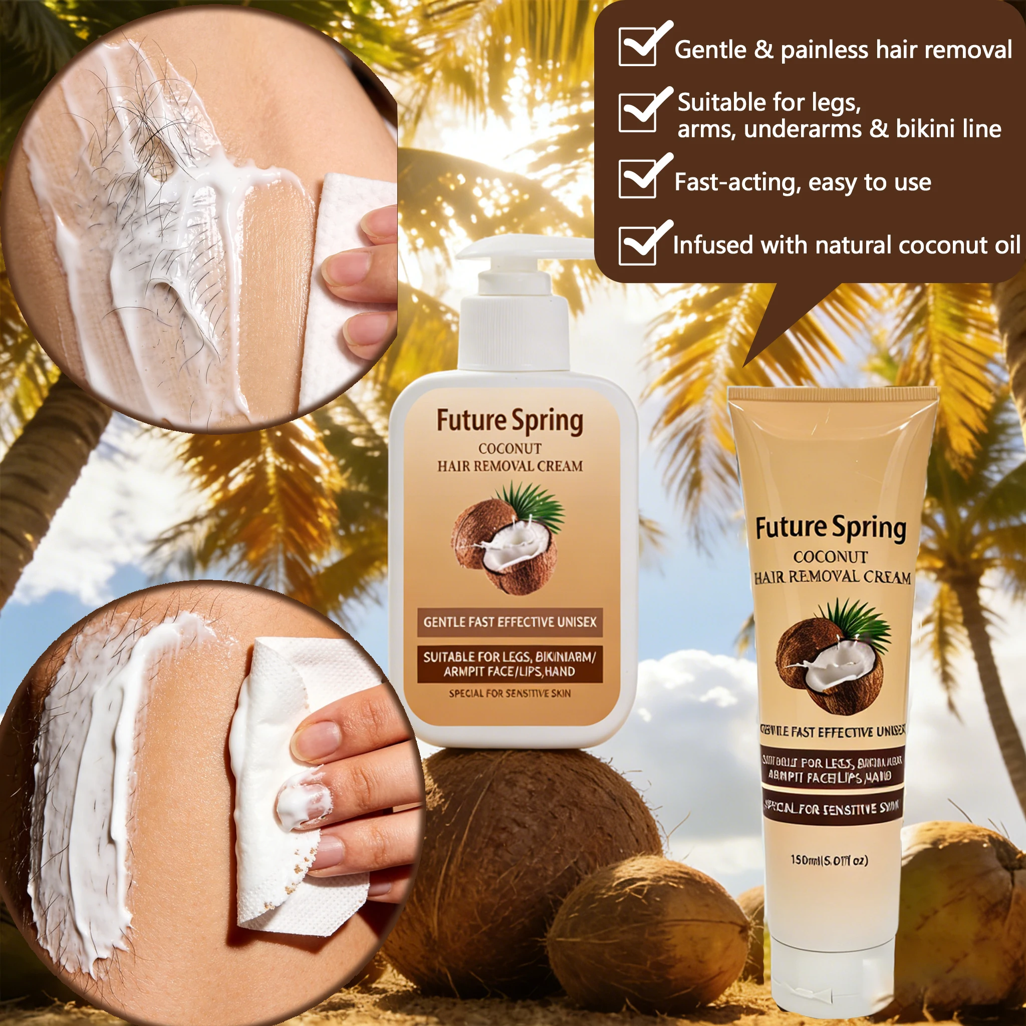 

150g Coconut Oil Hair Removal Balm Gentle Non Irritating Armpit Lip Arm Leg Intimate Areas Depilatory Cream Sensitive Skin