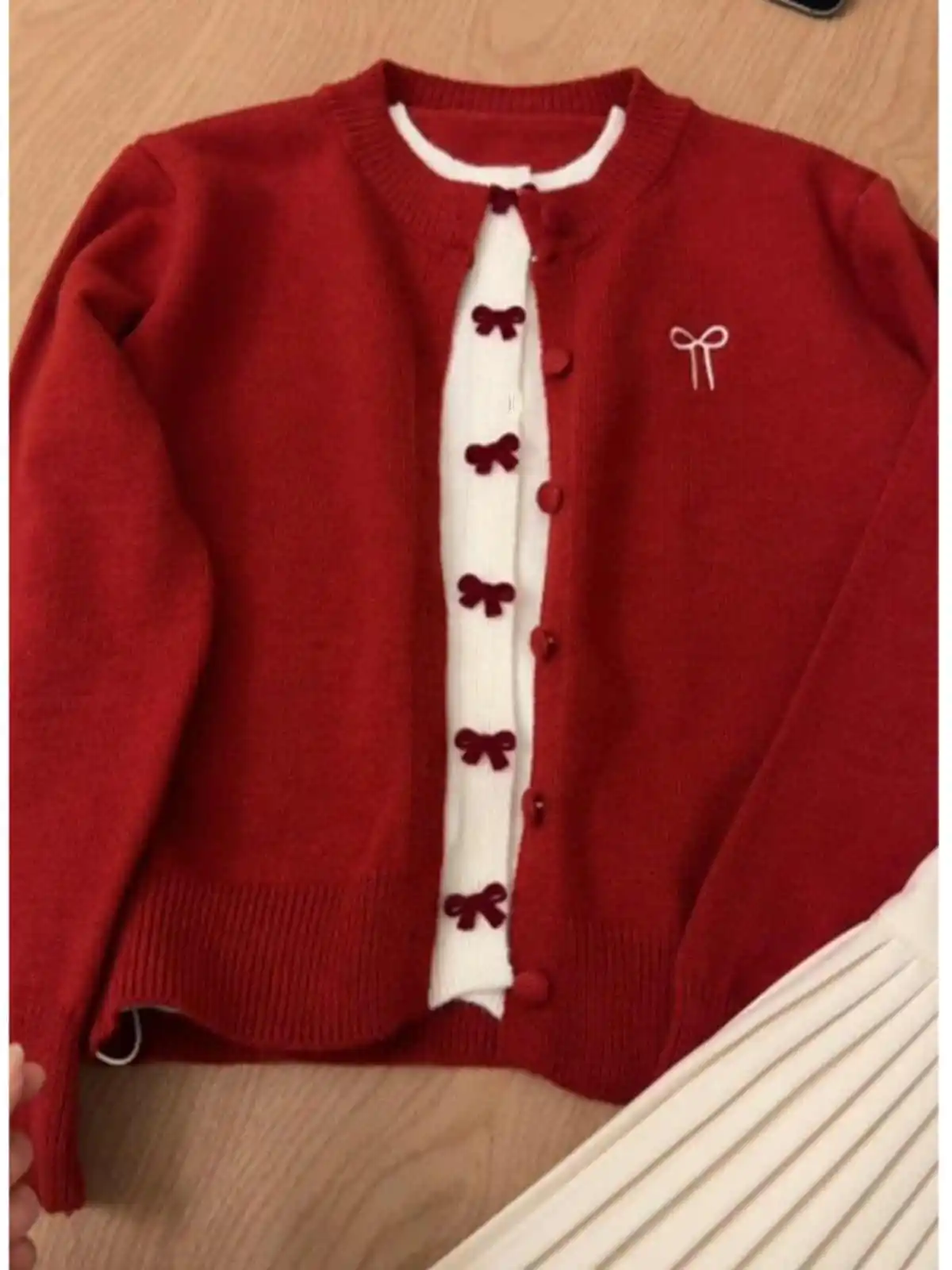 Christmas Red Fake Two Pieces Sweater Coats Women New Chic Bow Button Design Loose Knitted Cardigans Korean Style Knitwear Tops