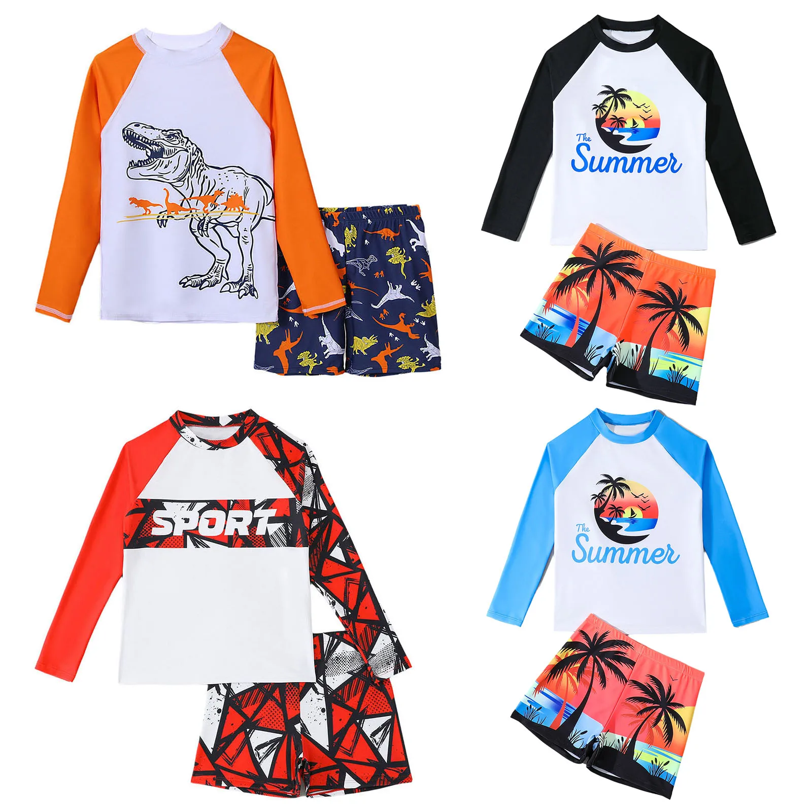 Kids Boys Two-Piece Bathing Suit Coconut Tree/Dinosaur/Geometric Printed Swimsuit Set Swimwear Long Sleeve T-shirt with Shorts