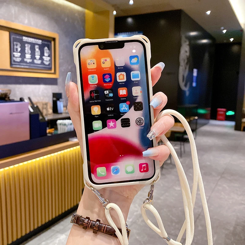 Liquid Silicon Soft Phone Case For Iphone 15 Pro Max For Iphone 14 13 12 11 Pro Max X XS Max XR 8 7 Plus Lanyard Cord Back Cover