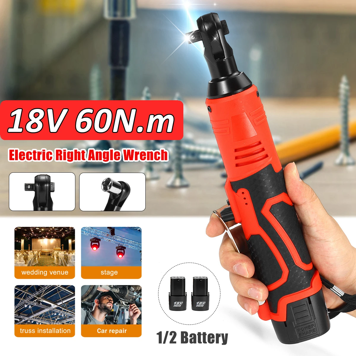 18V Cordless Electric Screwdriver Wrench 3/8 Inch Right Angle Ratchet Wrench Impact Drill Removal Screw Nut Car Repair Tool