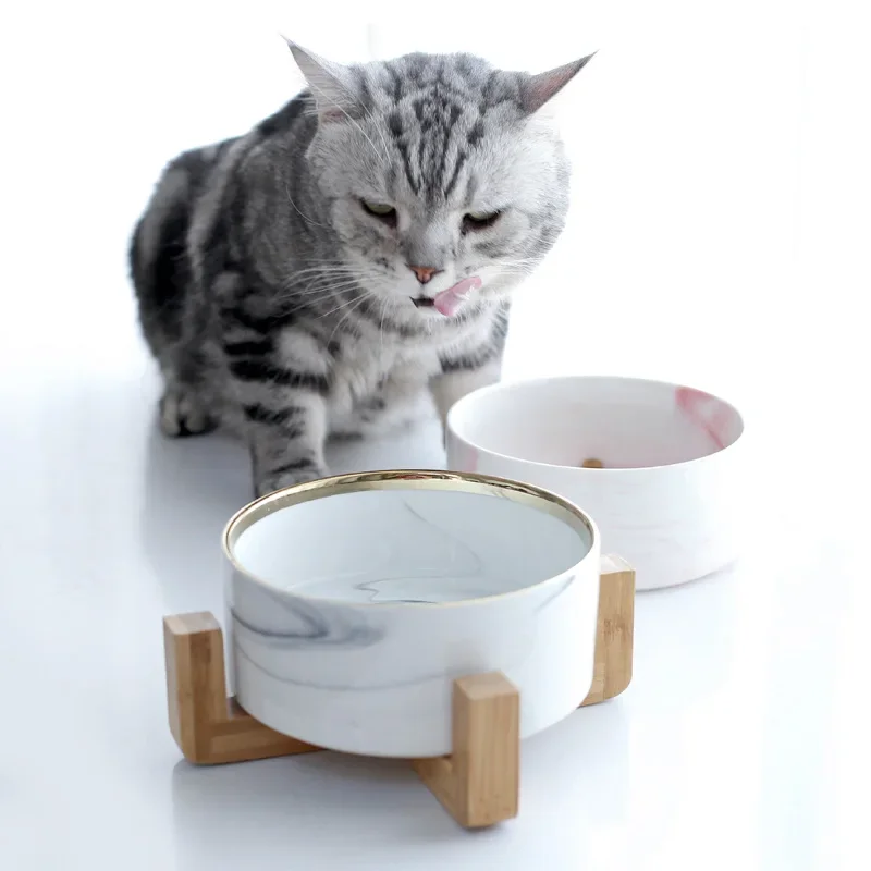 Marbling Cat Ceramics Bowl with Wood Stand Pet Double Bowls for Food Water Small Puppy Dogs Elevated Feeding Supplies