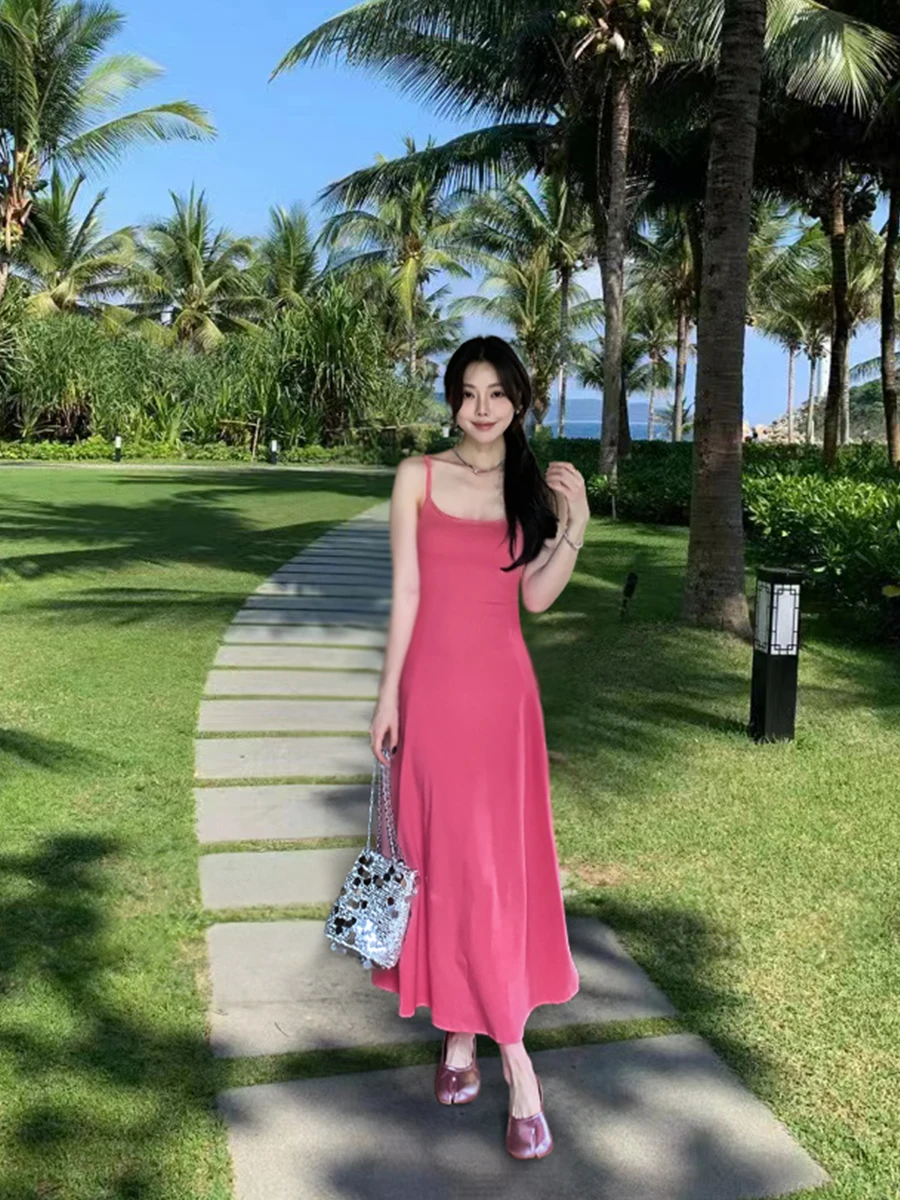 

Новинка: Корейское летнее платье-миди с завышенной талией для женщин, облегающее, однотонное, в стиле Off Sexy Sweet Spicy, для повседневной носки