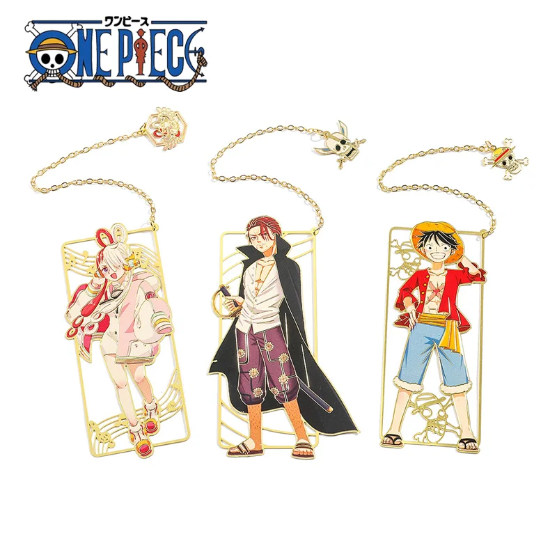 

Anime One Piece Figure Metal Bookmarks with Tassel Luffy Uta Shanks Gold Color Book Marks Gifts for Fans Collection Supplies