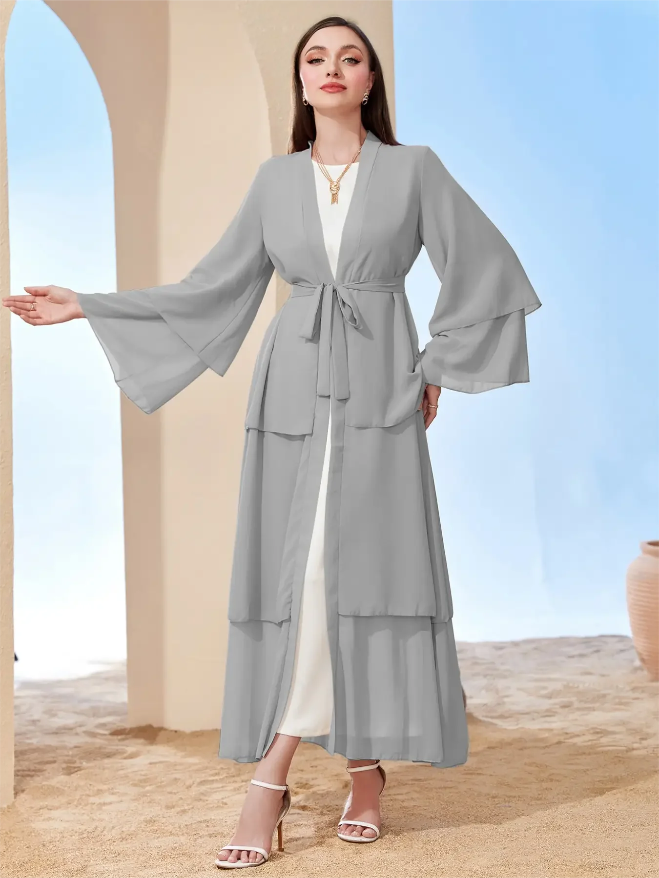 Ramadan Kaftan em camadas abaya frontal aberta, roupas femininas, vestido de manga comprida com cintos, hijab sem hijab