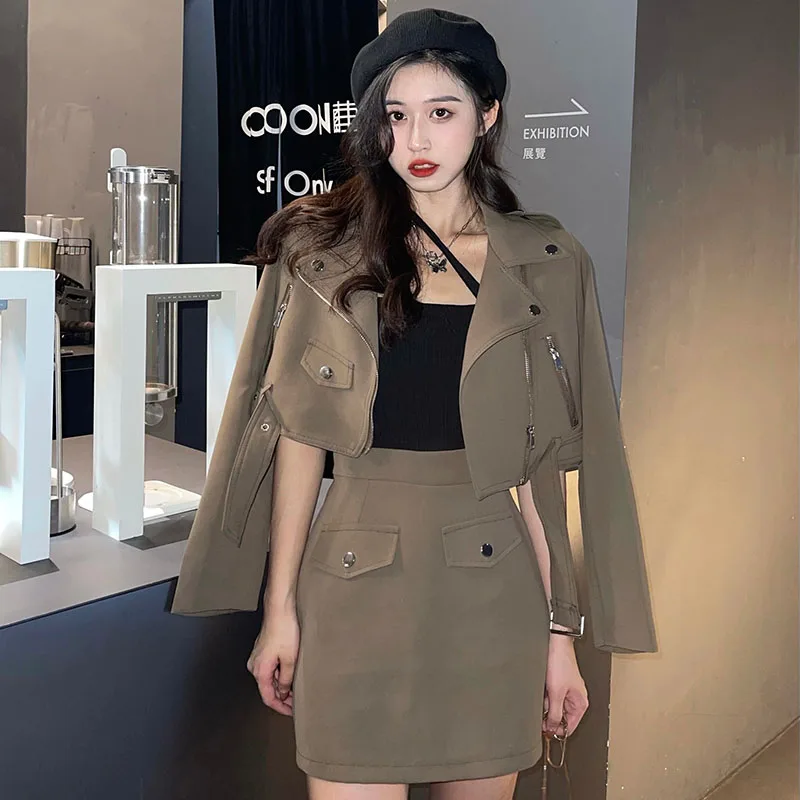 Cool Girl Spring Summer Motorcycle Clothes 2Pcs Turn Down Collar Rivet Zipper Short Coat + Slim Skirt Chic Women Large Size Set