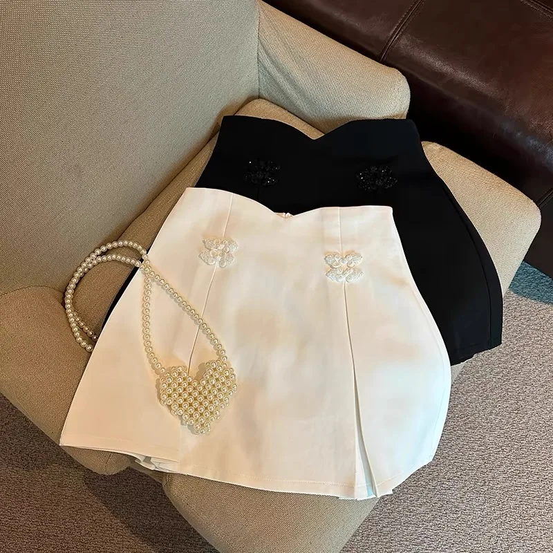 

Women Black High Waisted Pleated A-line Wrapped Hip Short Skirt Chic Korean 2025 Retro White Chinese Style Button Up Mini Skirts
