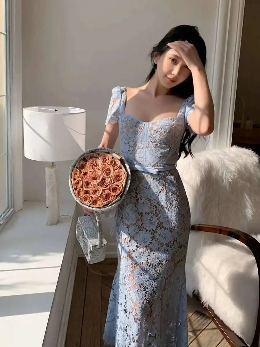 Elegant Blue Lace Evening Dresses Women Summer Holiday Embroidery Hollow Out Belt Short Sleeve Prom Party Fishtail Long Dress