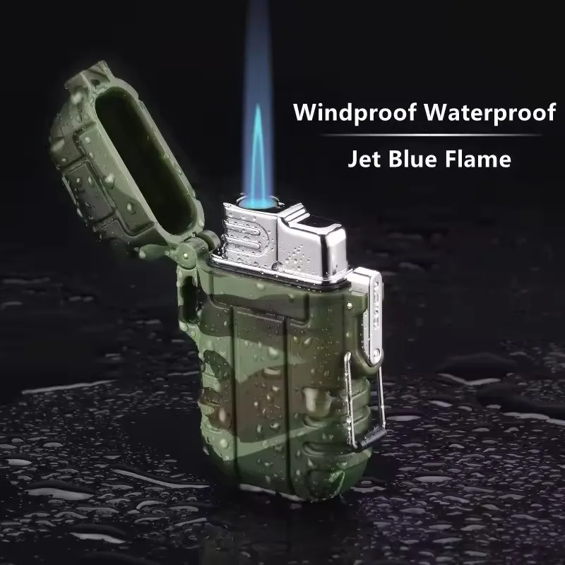 Portable Waterproof Lighter Double Flame Jet Cigar Lighter With Lanyard Outdoor Survival Wading Tool For Men Smoking Accessories