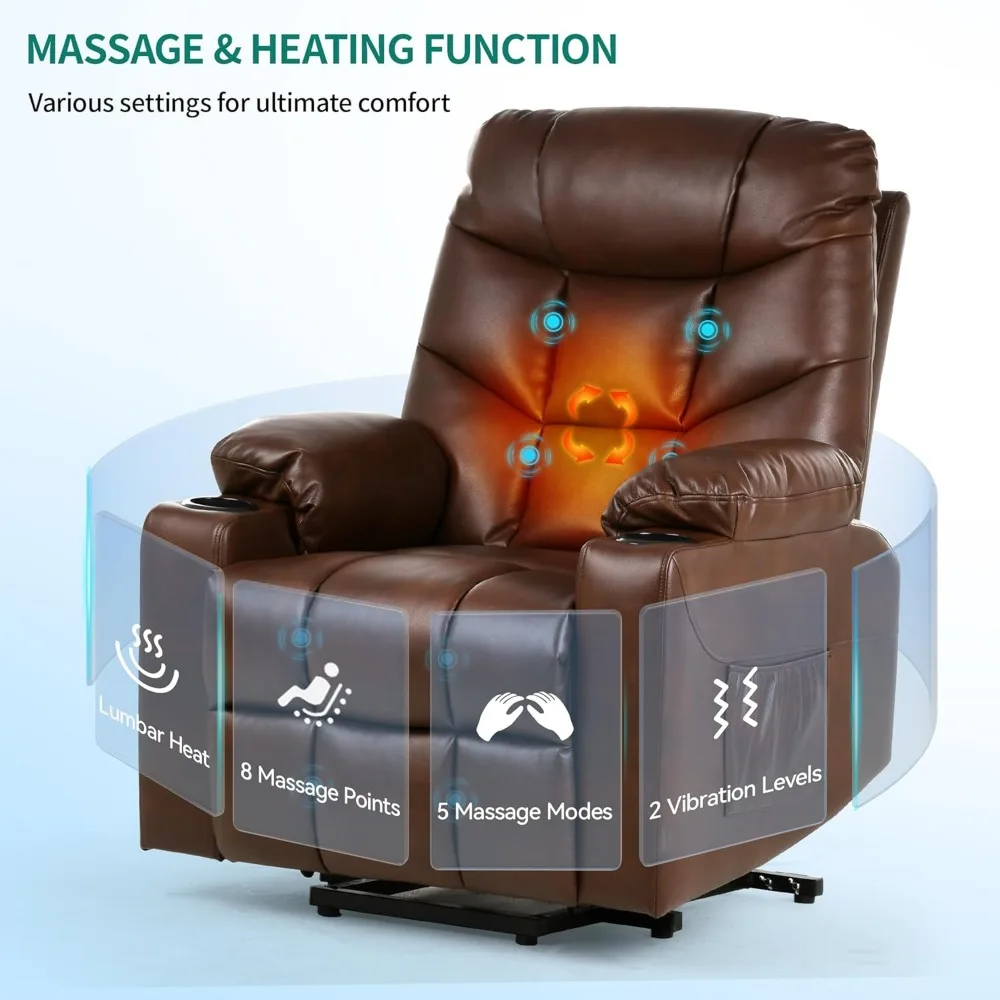 Faux Leather Recliner Chair with Massage and Heat, Spacious Seat, USB Ports, Cup Holders, Side Pockets, Remote Control