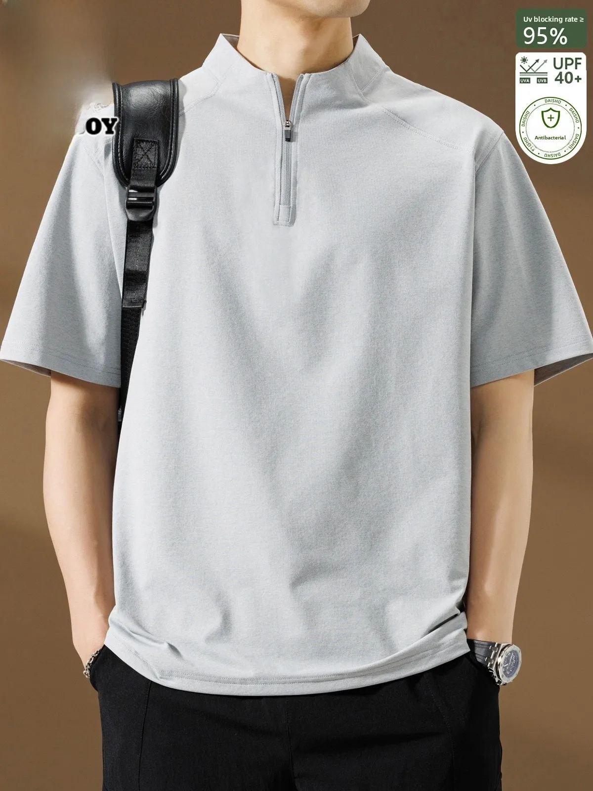 

Мужская летняя модная футболка с воротником-стойкой на молнии, с коротким рукавом, защита от солнца, свободный крой, молодежная, из полиэфирного волокна