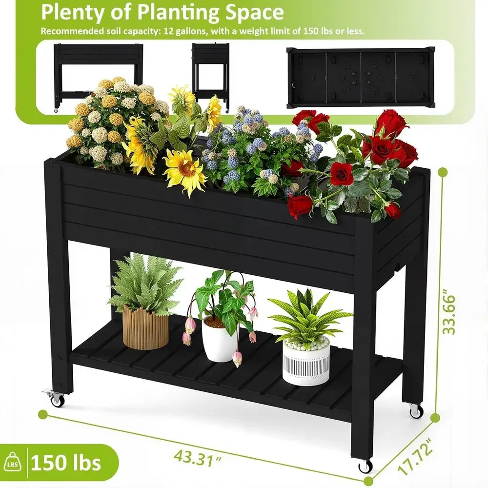 Self-Watering Resin Planter Box with Legs, 33.66 Tall, Lockable Wheels, Drainage, Gauge for Vegetables, Lowers, Storage, and Acc
