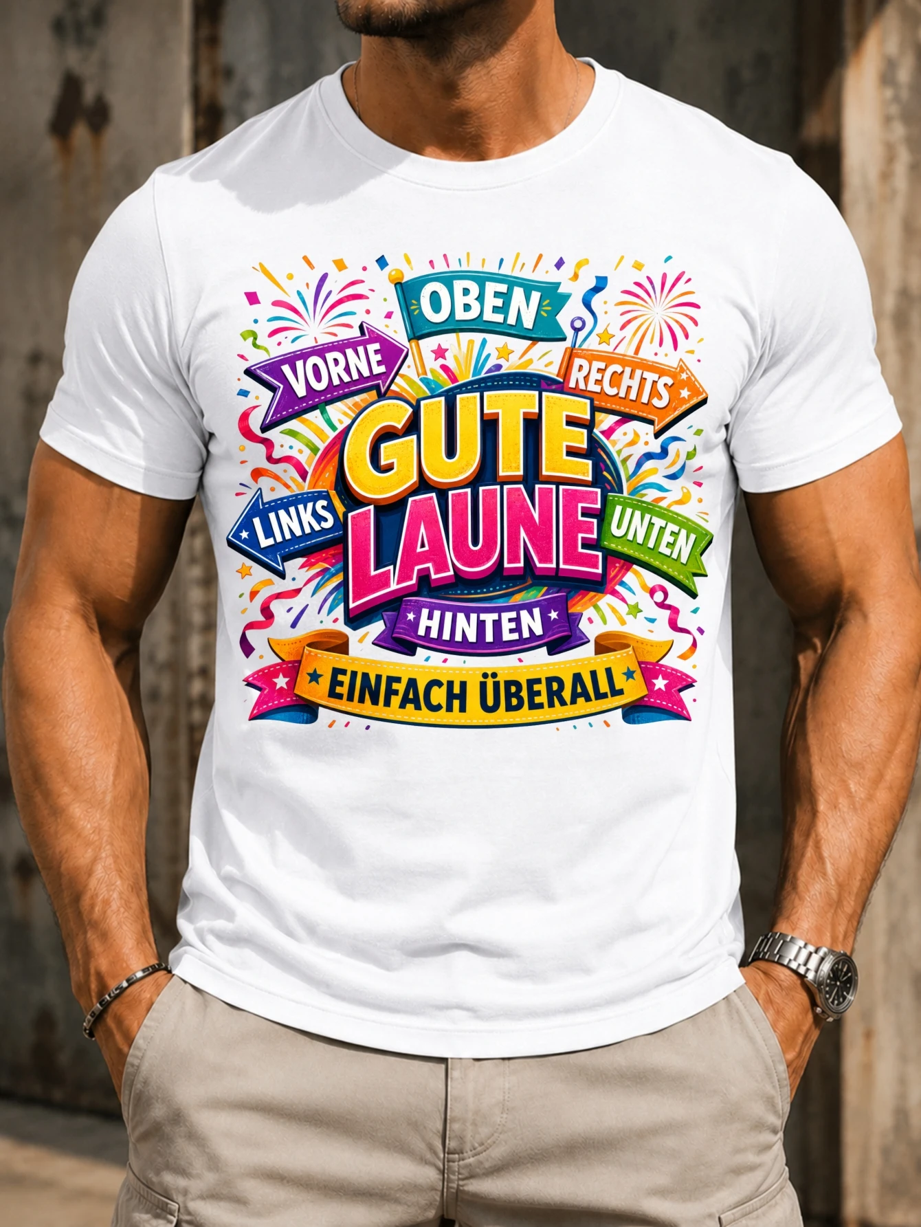 Gute Laune Einfach Uberall Firework Arrows  festive ribbons stars and vivid German celebration  Unisex All T-Shirt