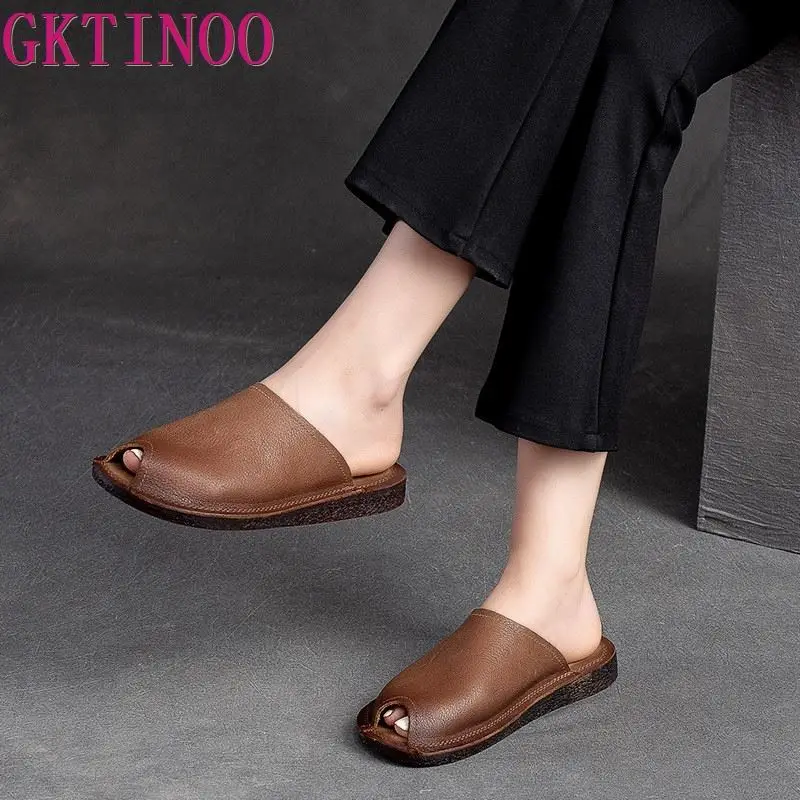 GKTINOO Breathable Soft Sole Flat Slippers 2024 Summer New Genuine Leather Vintage Peep Toe Slides Versatile Women Shoes