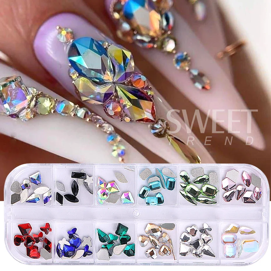 12 Grids Mixed Shape Luxury Nail Art Rhinestones AB White Champagne Crystal Flatback Gems With Steel Beads Manicure Accessories