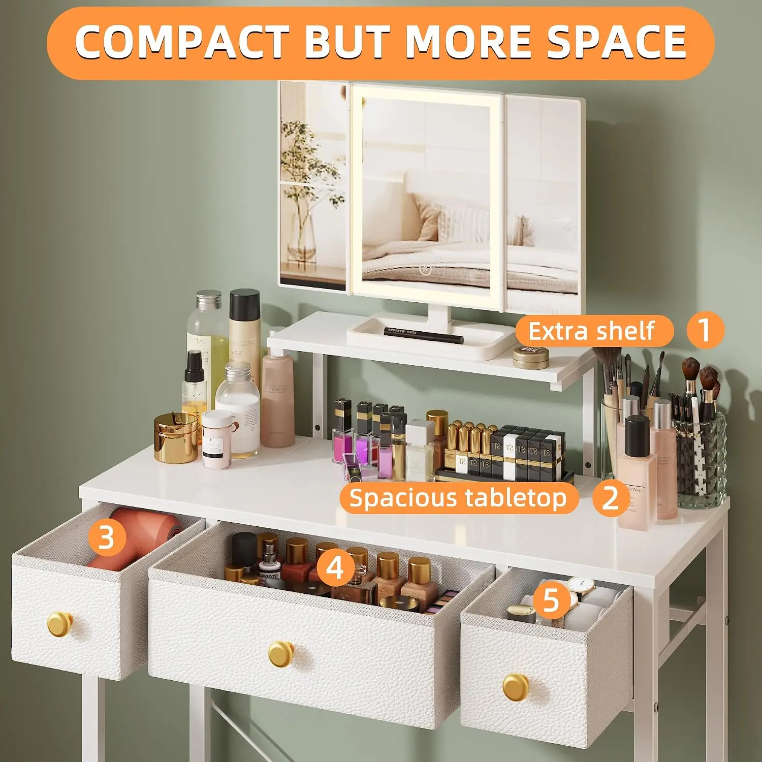 Small Makeup Vanity Desk 27.5''W with Mirror and Lights, White | 3 Drawers, USB Lighted Mirror, Height-Adjustable Stand