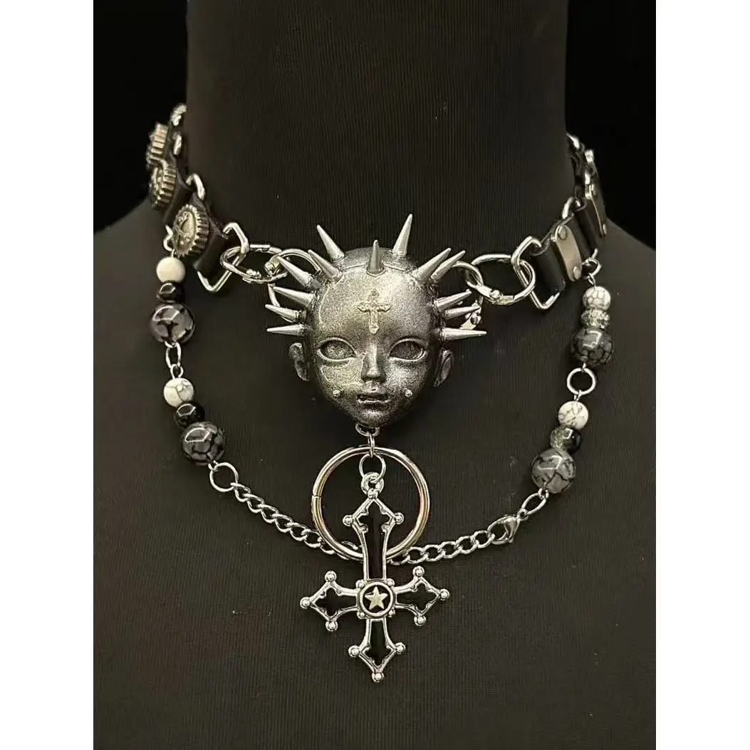 

2025 New Punk Necklace Leather Choker Cross Metal Chain Rivet Human Face Dark Trendy Cool Neck Accessories for Women Men Jewelry