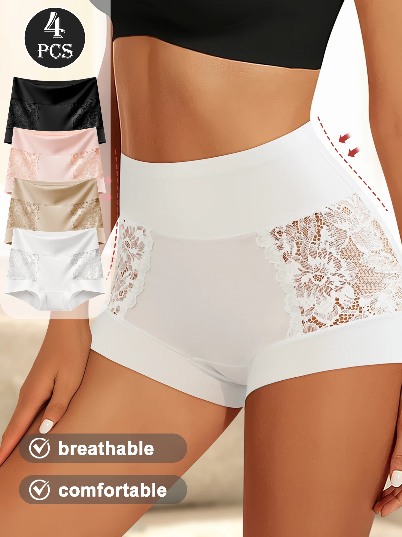 

Комплект из 4 женских трусов-боксеров с кружевной отделкой и средней посадкой, мягкие и дышащие, удобный крой с женственным эластичным дизайном, идеально подходят для свидания