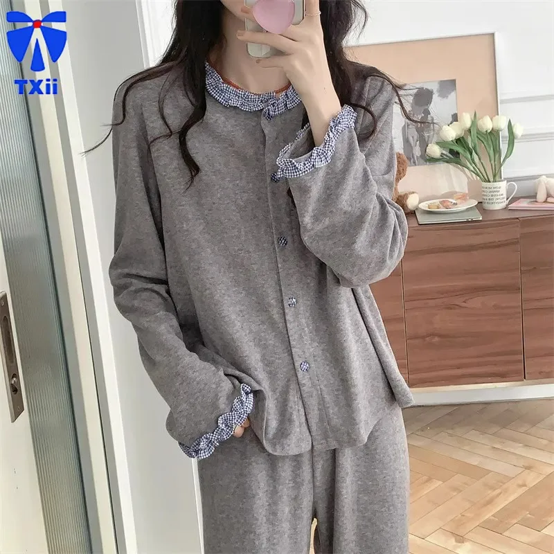 Nightwear for women in autumn winter, thickened Korean version, sweet lotus leaf edge towel velvet, pure cotton long sleeved Set