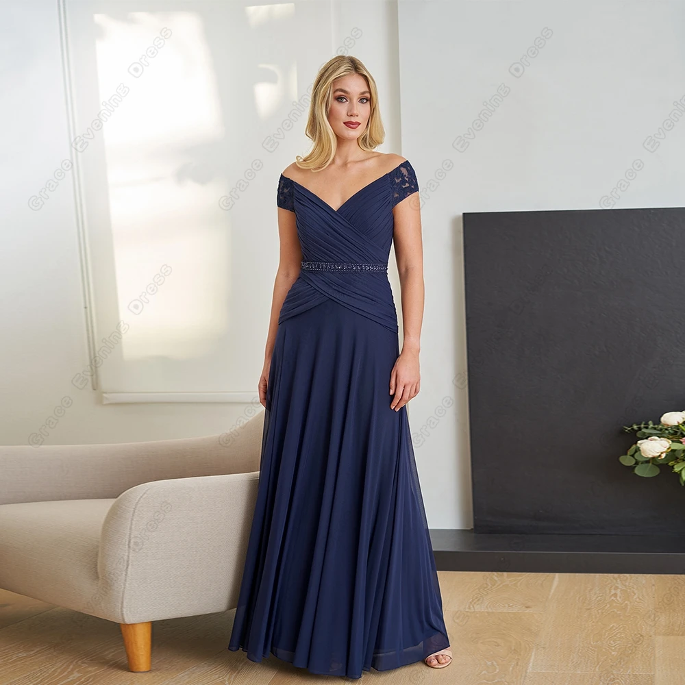 

Navy Blue Mother of Bride Dresses with Lace Beading Pleat Off Shoulder Chiffon Prom Gowns 2023 New Vestido De Noche Summer